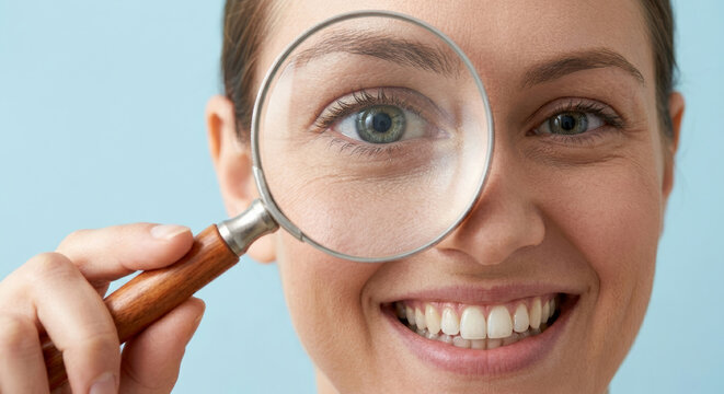 Woman holding magnifying glass in front of eye, enlarging eye. Searching for something, solving mystery and case.