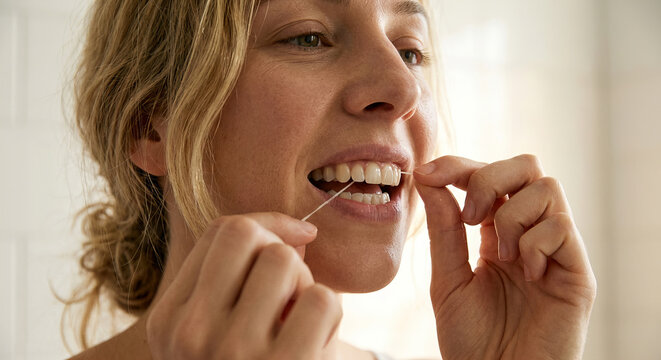 Woman using dental floss, removing food debris from between teeth. Dental hygiene concept and prevention of tooth decay.