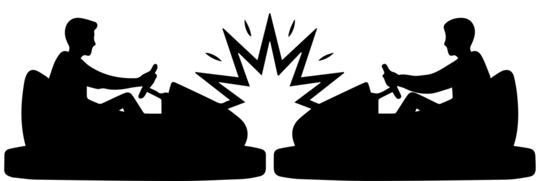 Black Silhouette Illustration of Two People Colliding in Bumper Cars at an Amusement Park