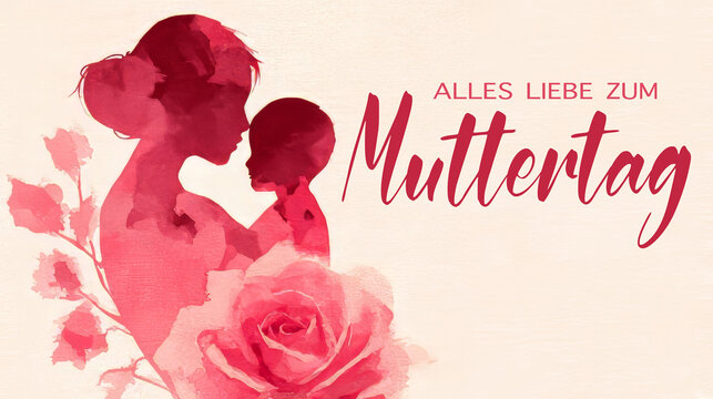 Alles Liebe zum Muttertag Gru&szlig;karte, Karte mit deutschem Text, Illustration Aquarell - Silhouette von Mutter mit Baby Kind auf dem Arm und einer Blume im Hintergrund