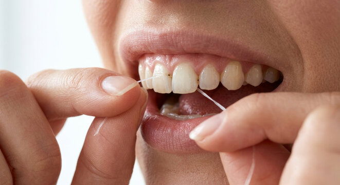 Woman using dental floss, removing food debris from between teeth. Dental hygiene concept and prevention of tooth decay.
