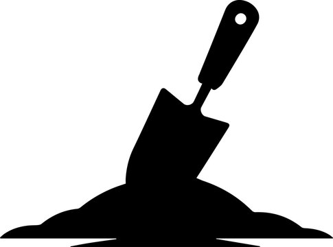 Black silhouette icon of a garden trowel stuck into a pile of soil isolated on white background