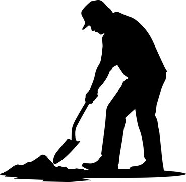 Black Silhouette of a Man Digging Soil with a Shovel Vector Illustration