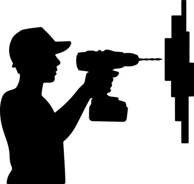 Black Silhouette of a Handyman Using a Cordless Power Drill to Work on a Wall