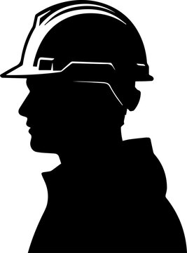 Silhouette of a Construction Worker or Engineer Wearing a Hard Hat in Profile View Black and White Vector Illustration