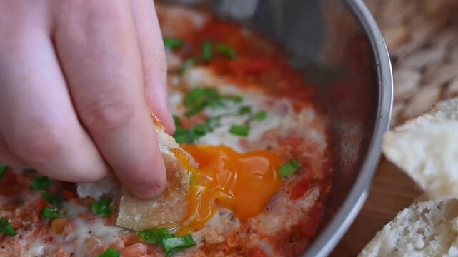 Close up of man hand dipping a piece of fresh bread into liquid egg yolk of shakshuka in a frying pan