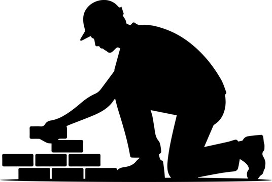 Black Silhouette of a Construction Worker Kneeling and Laying Bricks Vector Illustration