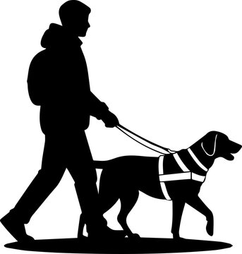 Black Silhouette of a Visually Impaired Person Walking with a Guide Dog Service Animal on a Leash Vector Illustration