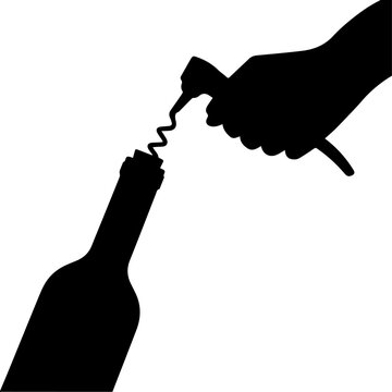 Black Silhouette Vector Illustration of a Hand Opening a Wine Bottle with a Corkscrew