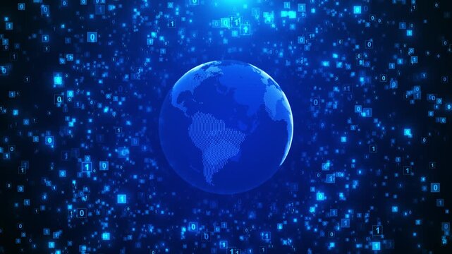 Blue binary globe digital background floating numbers, squares, global atmosphere. technology videos, software intros, internet visuals, data science, cyber security, graphics, network promos.