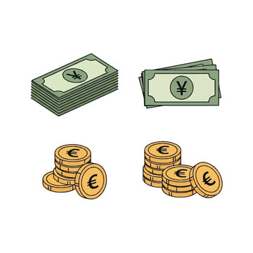 Stacks of Currency Bills and Coins Representing Financial Wealth.