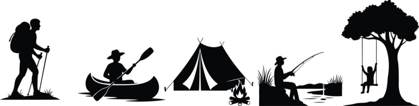 Camping and outdoor activities vector icons featuring hiking kayaking fishing and camping.