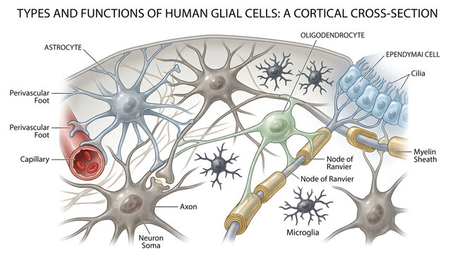 Types and functions of human glial cells cortical cross‑section showing astrocytes around capillaries and synapses, oligodendrocytes forming myelin, microglia as immune sentinels and ependymal cells l