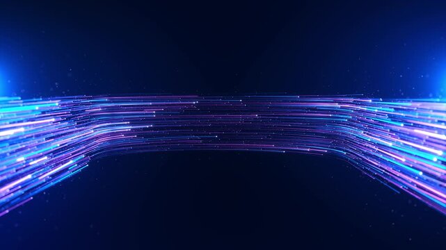 Glowing lines Neon information stripes flying High-speed big data transfer. Curved lines. Optical fiber blue pink Blue background. Vibrant blue pink light lines futuristic cyber tunnel. Virtual lights
