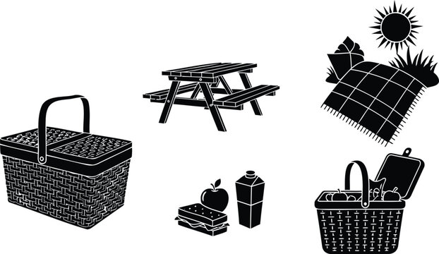 Picnic basket table food vector silhouette illustration set, line art for outdoor dining.