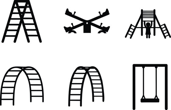 Playground equipment vector collection with swings seesaws monkey bars and climbing frames.