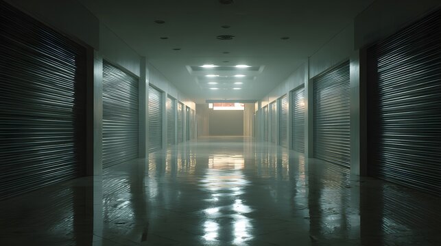 Closed shop lots inside empty shopping mall corridor.