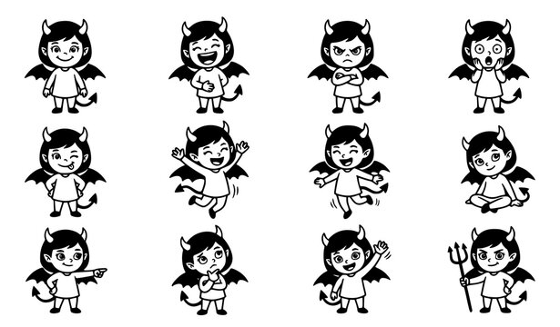 Black and white cartoon devil girl character set with expressive emotions and action poses vector illustration collection