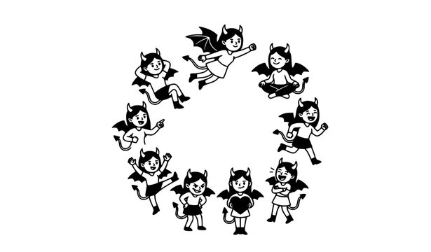 Cute monochrome devil girl cartoon characters in circular composition with playful actions vector illustration set