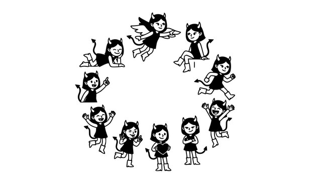 Black and white cartoon devil girl characters in circular layout with playful poses cute mascot vector set