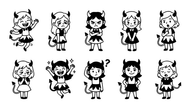 Monochrome devil girl character emotions set with cute cartoon expressions in clean line art vector illustration
