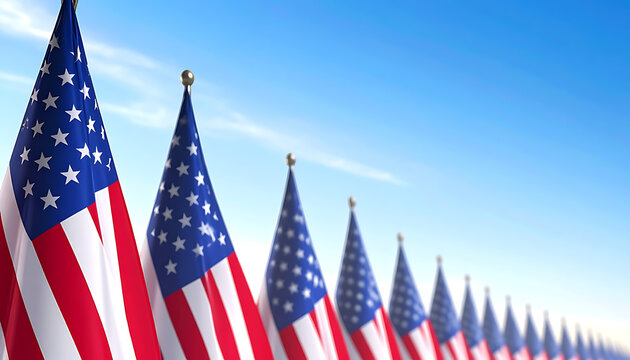 Row of American flags waving in the wind under a clear blue sky, patriotic symbol of freedom and democracy