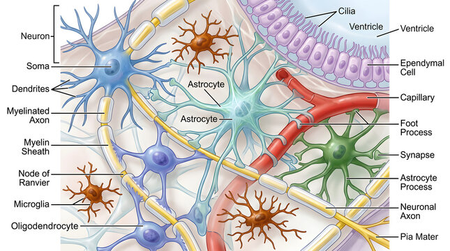 Central nervous system microenvironment illustration showing neurons, myelinated axons, oligodendrocytes, astrocytes, microglia, ependymal cells and capillaries surrounding a ventricle, highlighting c