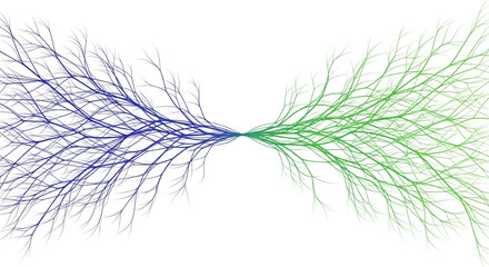 Fototapeta premium Abstract Connecting Branching Structures Resembling Neurons or Roots Blue and Green Duality
