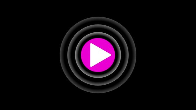 Glowing magenta play button animation with concentric purple rings on a black background,video streaming, digital content, or online entertainment