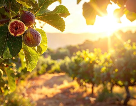 Ripe figs on a branch, sunlit vineyard with trees in distance