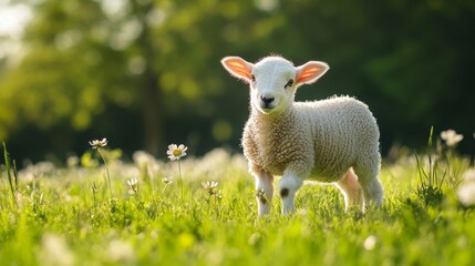 Naklejka premium Lamb standing in green field with flowers during sunny day in springtime