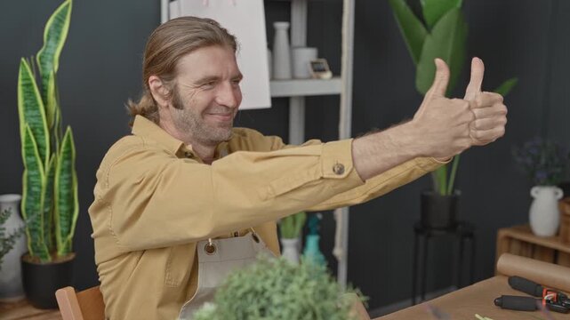Man florist smiling and giving two thumbs up in studio at a workbench with plants, vases, apron and pruning shears; joy approval.