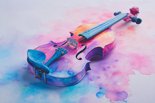 A colorful violin rests on a vibrant watercolor background, capturing artistic creativity and musical essence.