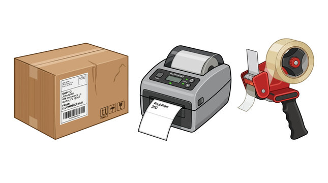 A cardboard delivery box with a thermal shipping printer and a handheld adhesive tape dispenser
