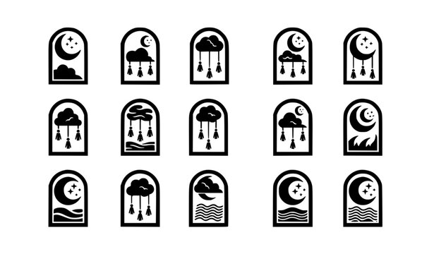 Decorative arch emblem set with moon cloud and abstract tassel symbols vector illustration collection