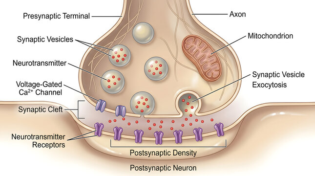 Chemical synapse illustration showing presynaptic terminal with synaptic vesicles, voltage‑gated calcium channels and mitochondrion releasing neurotransmitter into the synaptic cleft to bind receptors