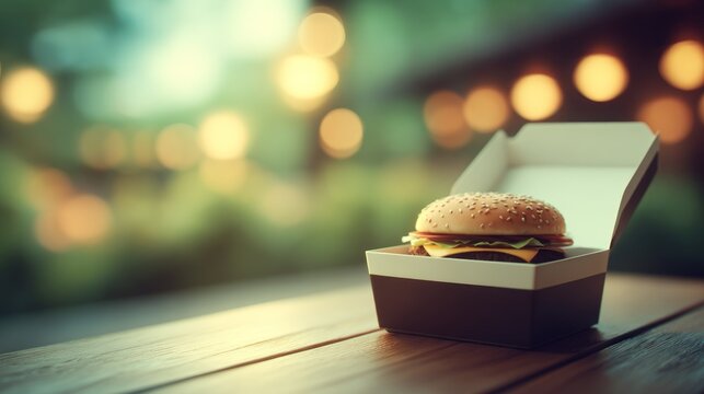 Delicious cheeseburger rests inside an open takeout container on a wooden surface.