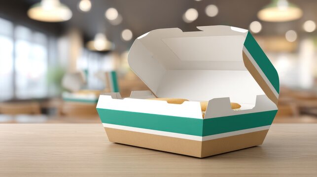 Cardboard takeout container with minimal contents rests open on a wooden surface in a bright eatery