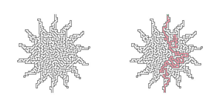 Sun shaped maze with solution. Simple black and white vector labyrinth puzzle, educational logic game for children and adults.