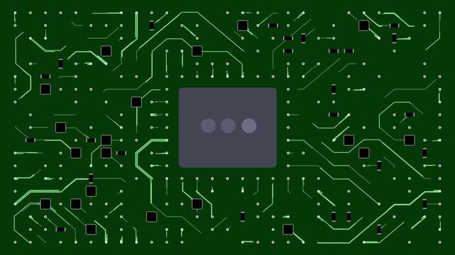 AI green circuit board with central chip and glowing pathways