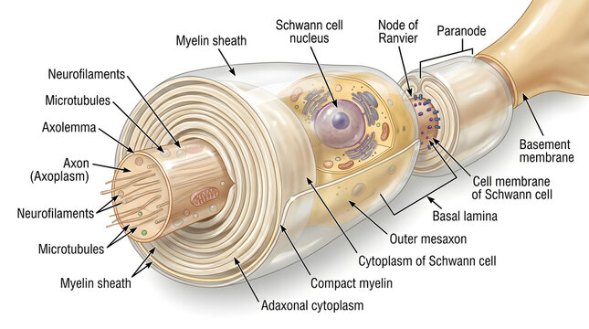 Longitudinal and partial cross‑section of a myelinated peripheral nerve fiber illustrating axon, surrounding Schwann cell, compact myelin wraps, basal lamina, perinodal region and node of Ranvier impo