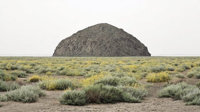 Isolated rocky mound rises above an arid scrubland under a pale sky
