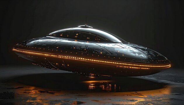 Sleek, metallic disc-shaped craft hovers, illuminated by glowing orange lights