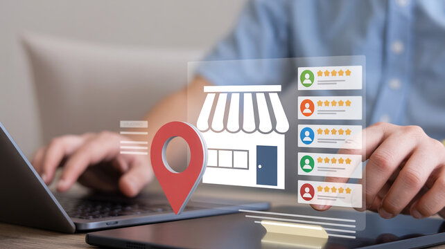 Business owner managing online presence with virtual display of store location and customer reviews on laptop and tablet.