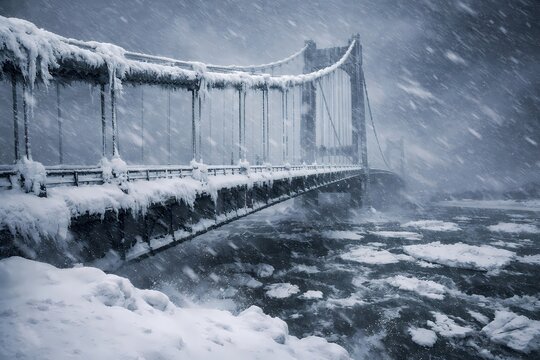 Epic representation of a massive suspension bridge totally covered in ice and snow during a storm. Suited for extreme climate events and infrastructure disruption.