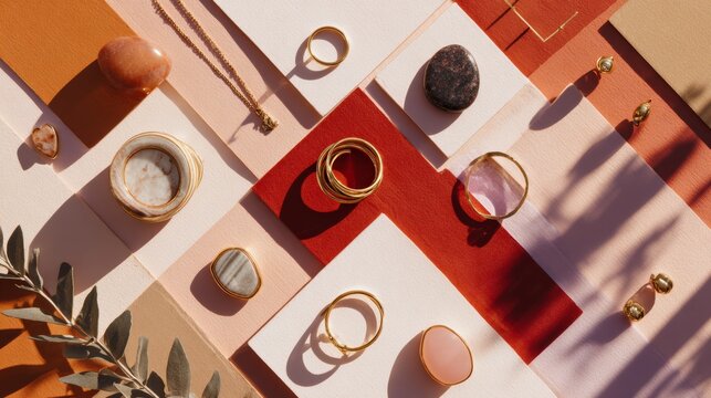Elegant flat lay of multiple jewelry pieces (rings, earrings, pendants) arranged in minimal geometric composition, autumn palette, horizontal format