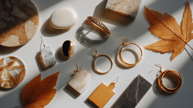 Elegant flat lay of multiple jewelry pieces (rings, earrings, pendants) arranged in minimal geometric composition, autumn palette, horizontal format
