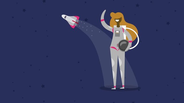 A female astronaut in space waves goodbye to a departing spacecraft. Cartoon-style vector flat art