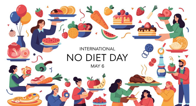 Celebrating International No Diet Day, a colorful vector illustration features diverse people holding trays of fruits, cakes, and meals against a white backdrop, promoting body positivity
