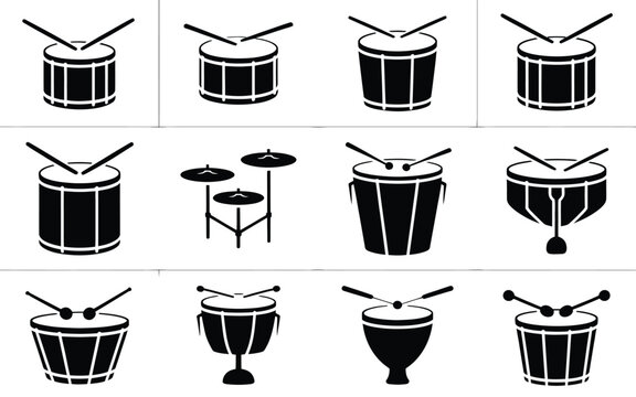 Collection of black and white drum icons with sticks various types of percussion instruments